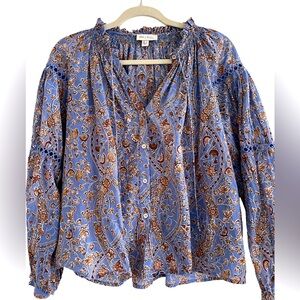 Puff Sleeve Split Neck Boho Peasant Blouse Size M